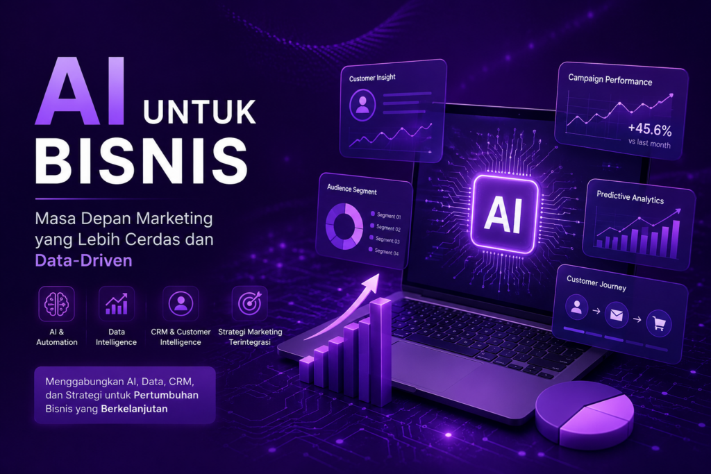 Visual ilustrasi AI untuk bisnis yang mengintegrasikan data intelligence, CRM, marketing automation, dan strategi digital untuk mendorong pertumbuhan bisnis yang berkelanjutan