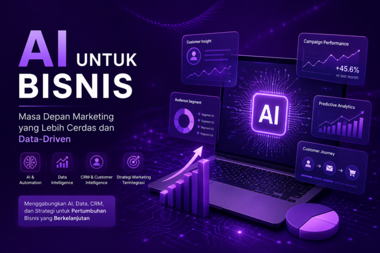 Visual ilustrasi AI untuk bisnis yang mengintegrasikan data intelligence, CRM, marketing automation, dan strategi digital untuk mendorong pertumbuhan bisnis yang berkelanjutan