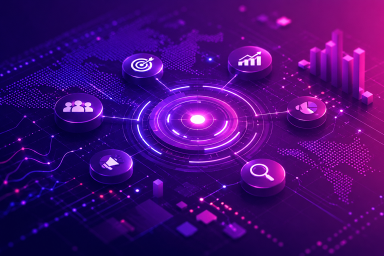 Interconnected marketing strategy, analytics, branding, media, and activation elements representing a Marketing Intelligence Agency approach